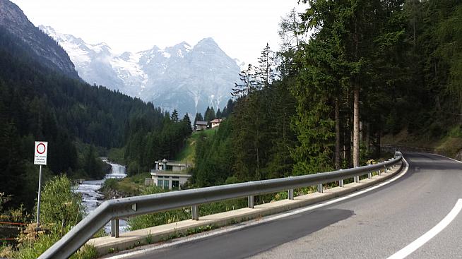 A view up the Stelvio Pass from a wooded section about one quarter of the way into the ride.