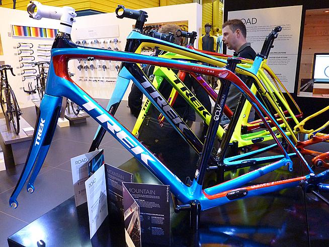 Trek are displaying samples from their Project One programme  which allows cyclists to customise their new bike with a bespoke paint job and more.