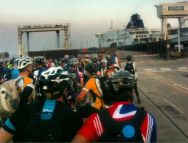 Riders wait to board the ferry at Dover on the classic London to Paris ride.