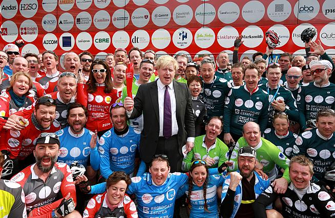 Boris Johnson greets the cyclists as they finally reach Cannes after almost 1500km of cycling. Matt Alexander / CYCLE TO MIPIM