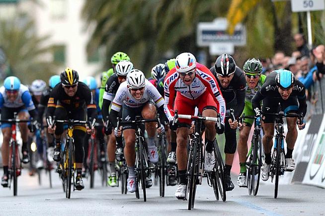 Kristoff surges to the line in Milan-San Remo  with Ben Swift in pursuit for a podium place. Photo: @Tim De Waele / www.katushateam.com