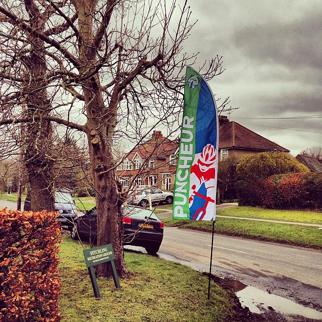 The starting point in Ditchling: ride past the flags and turn left.
