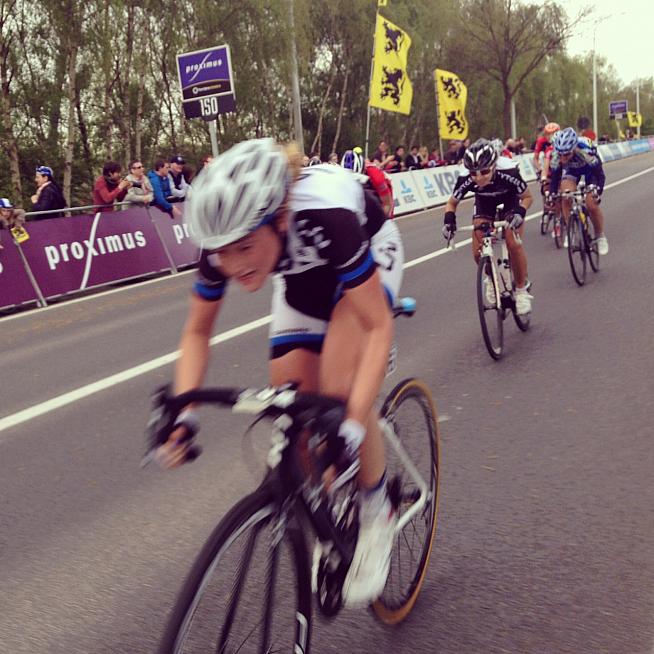 Sprinting for the finish in the Women's Tour of Flanders.