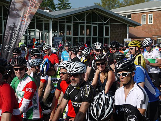 A packed field line up to start the 2014 Reigate Rouleur  where our intrepid reporter has somehow missed the briefing... Photo: Southern Sportive