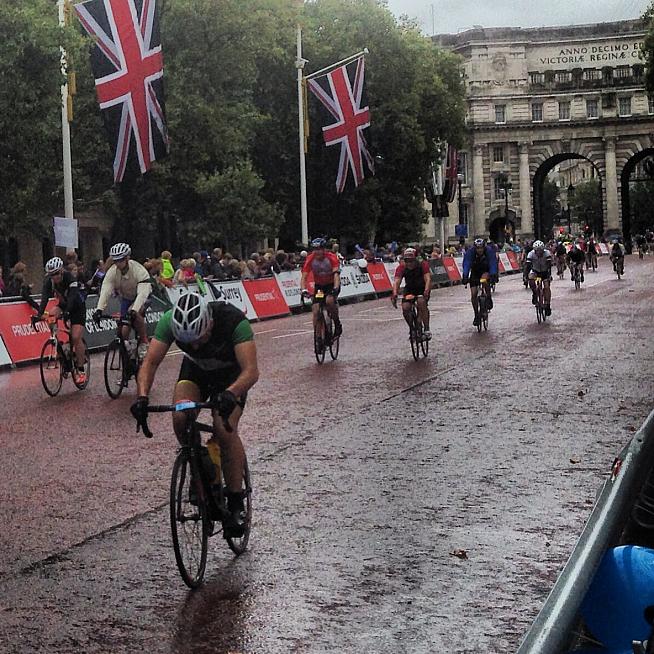 Riders sprint down the Mall on the finishing straight of the RideLondon 100.