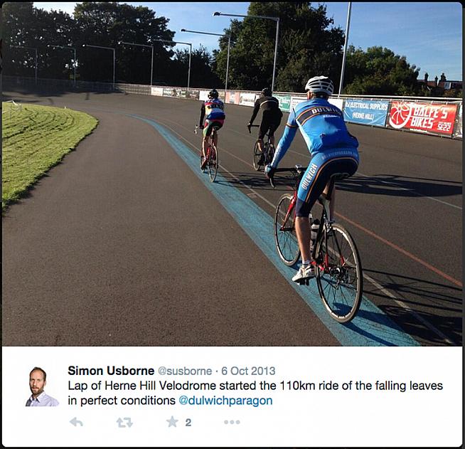 Starting off with a lap of the track at Herne Hill Velodrome. Photo by Simon Usborne via Twitter.