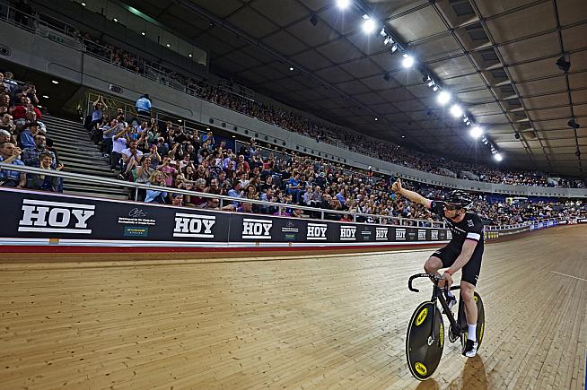Ed Clancy takes the applause earlier this year on the Revolution Series.