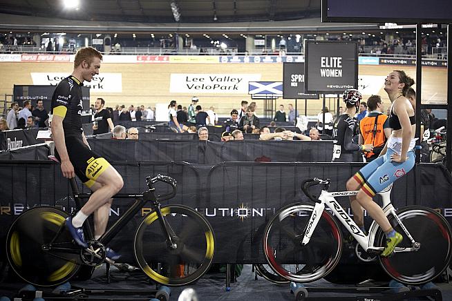 Ed Clancy and Sarah Inglebrecht warm up. Photo: Toby Andrew