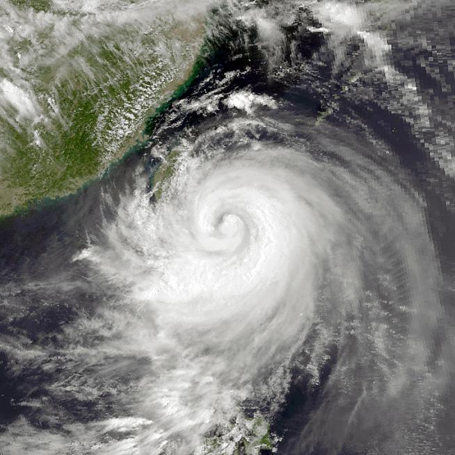 Typhoon Andy  pictured on July 28  1982. A typhoon is a mature tropical cyclone that develops in the western part of the North Pacific Ocean between 180° and 100°E. You don't see many in Surrey. Image: Wikimedia Commons.