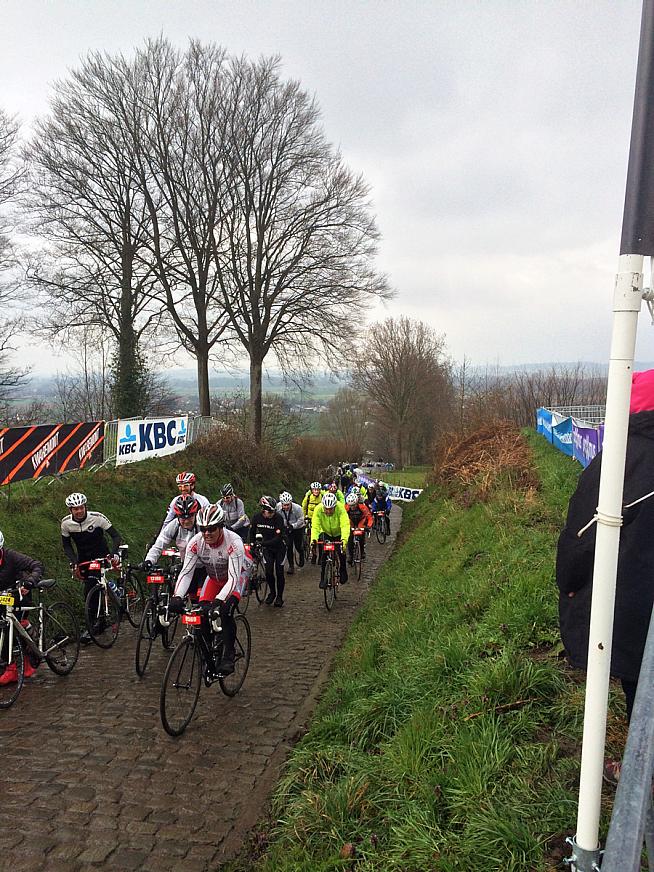 The Koppenberg. Dabbing is allowed on wet cobbles.