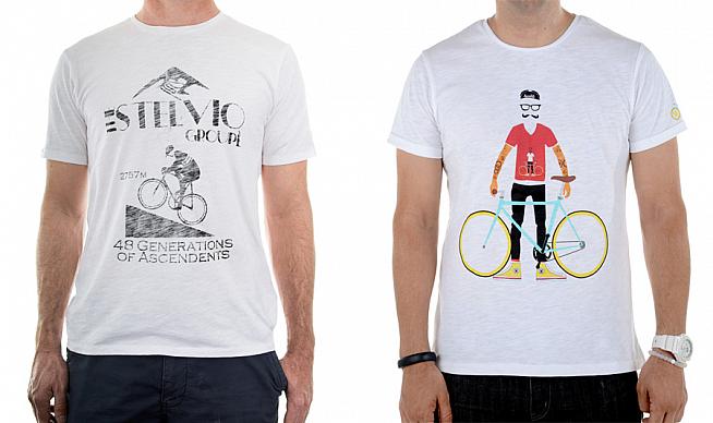 The Stelvio Groupe (left) and One-Ring/Suffer-Ring tees pay homage to the Stelvio and fixies respectively.