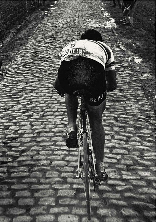 Moser in action during Paris-Roubaix - a race he won three times in a glittering career.