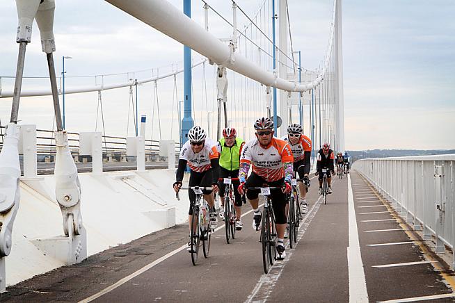Several sportives use this cycle path across the Severn Bridge  but here cyclists had full use of the carriageway.