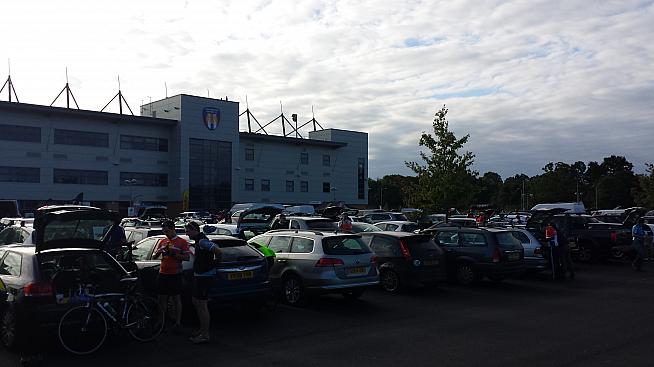 A packed car park at Colchester United on a Sunday morning
