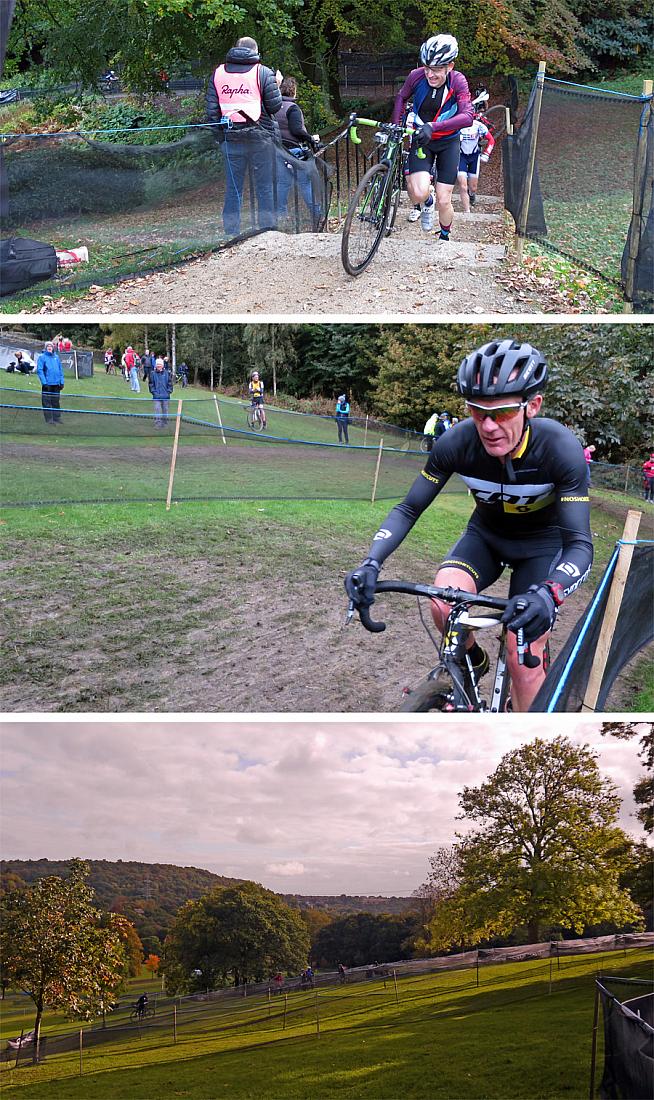Olly takes the stairs (top) while former national champion Nick Craig (centre) carves up the course.