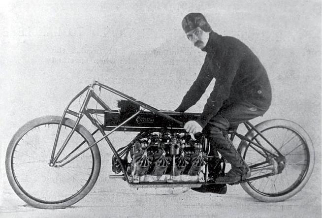 At least he was honest about it. Glenn Curtiss on his V-8 motorcycle in Florida 1907.