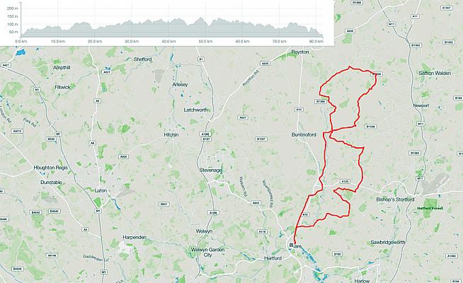 Medium route map for Ware's Cambridge Sportive.