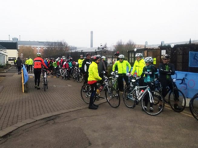 Eager cyclists on the start line ready to go.