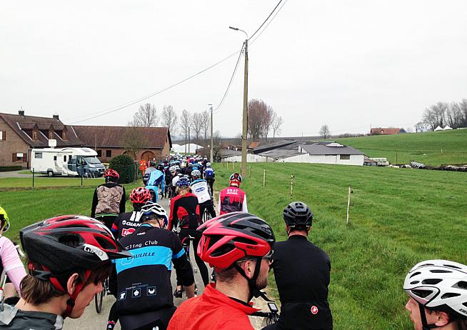 Cyclists at a standstill on the approach to the Oude Kwaremont where Pat Coyle passed away on Saturday's sportive.
