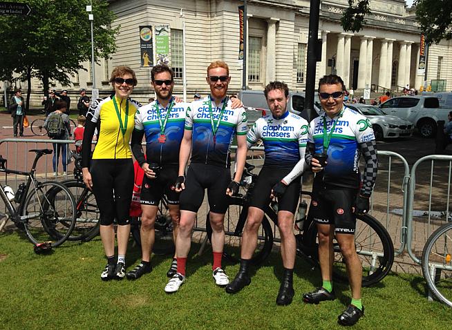 Basking in glory and the Cardiff sunshine at the finish.