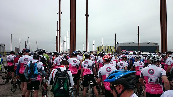 Riders assemble in the start pens.