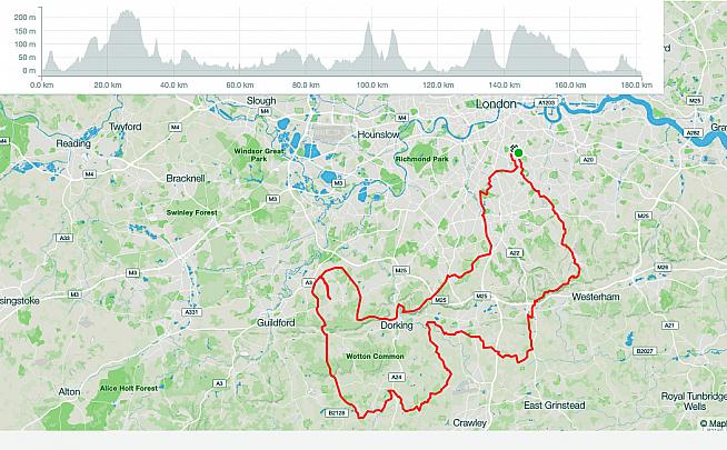 London Cycle Sportive long route. Can you spot the detour?