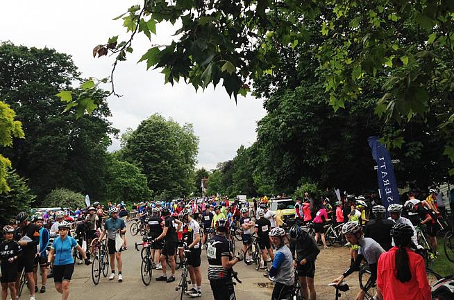 A packed start area at ride HQ in south London.