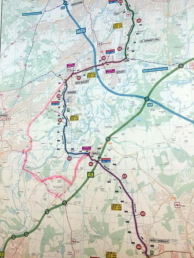 Map issued by RideLondon organisers on Twitter showing course diversions in pink.