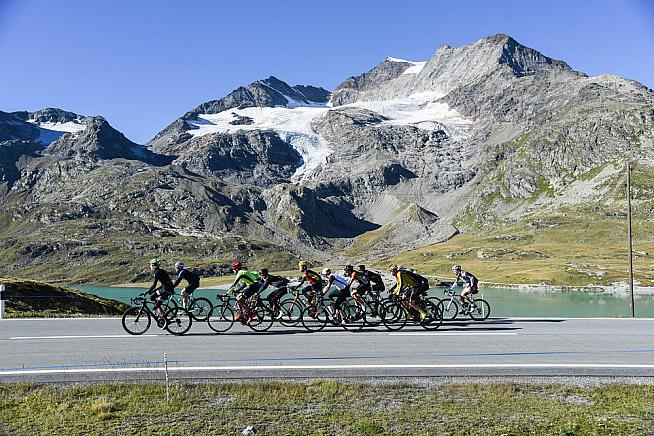 Race leaders in formation on the Bernina Pass near St Moritz. Photo: Manu Molle