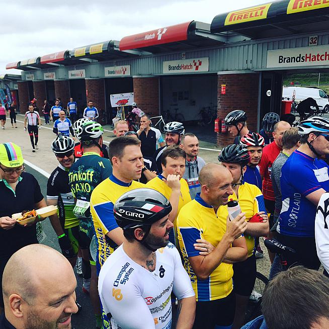 Pre race briefing at the Scrutineers Garage.