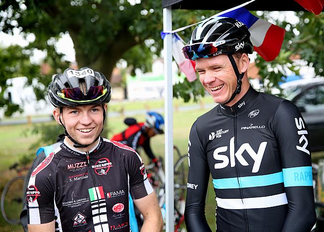 Chris Froome chats with a rider on the 2016 Etape London.