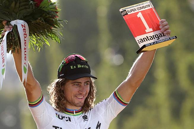 2015 Road World Champion Peter Sagan celebrates on the podium.
