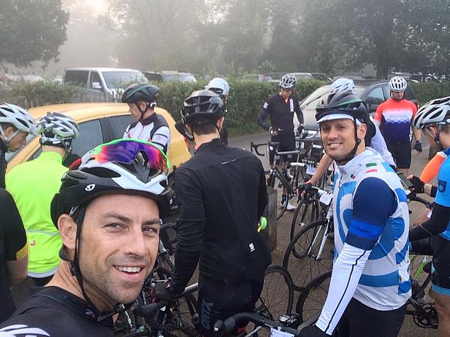 Riders gather in the mist at Box Hill. Photo: Twitter / @MarkHunterGB