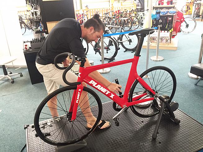 Andy at Tri-ology makes some adjustments to the setup following the Retul bike fit.