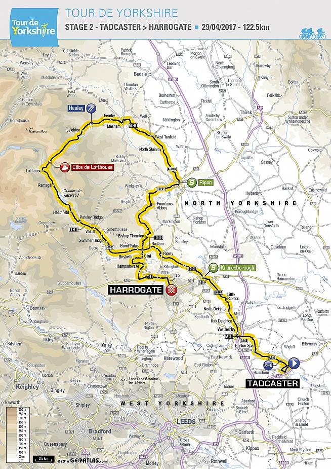 Stage 2 starts in Tadcaster and revisits the finish line of the 2014 Tour de France stage in Harrogate.