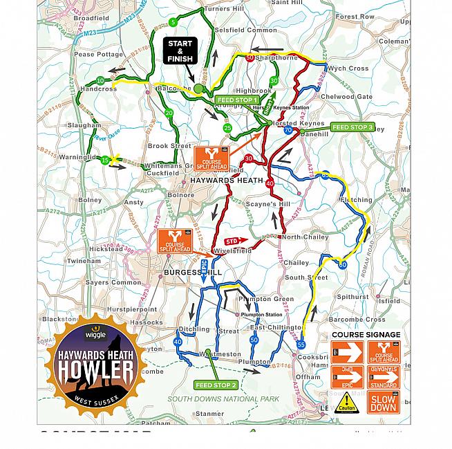 Routes for the Haywards Heath Howler. Yellow shows overlap with Burgess Hill Springtime Classic.