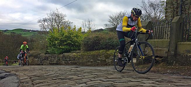 The first cobbled climb.