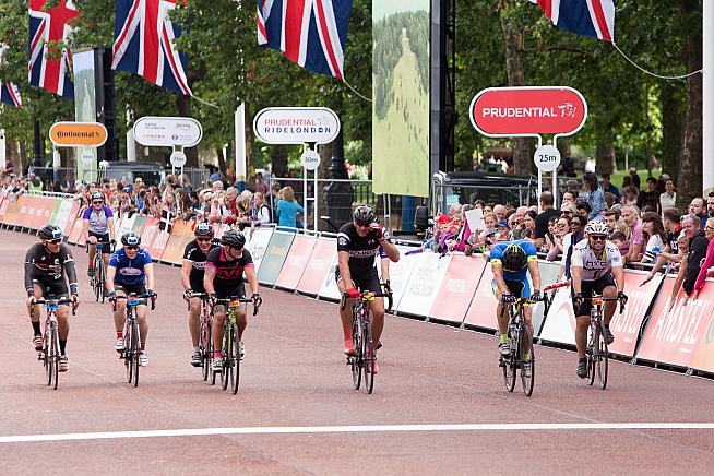 Riders cross the finish line on the Mall at RideLondon 017. Photo: Alistair Cunningham