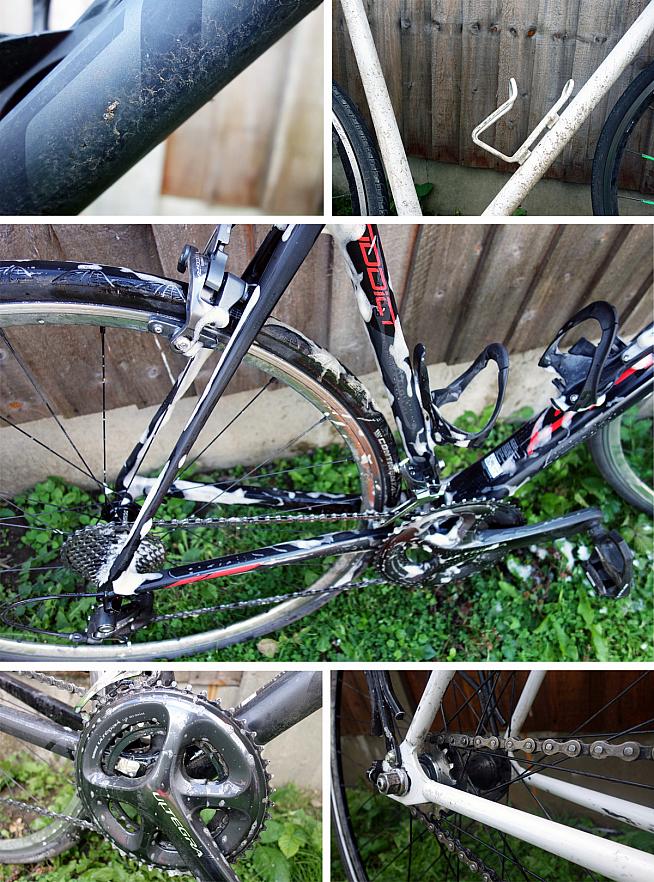 Dan's road bike and commuter fixie get lathered up for their weekly bath.