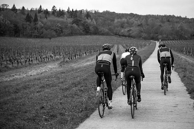 All four riders are wearing the Coldharbour tights with roubaix fabric and reflective trim.