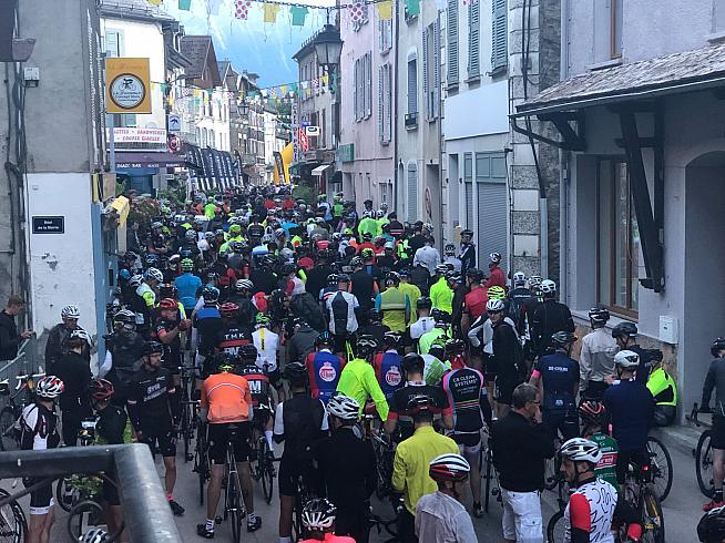 Riders crammed into the streets of Bourg d'Oisans for the start of the 2018 Marmotte.