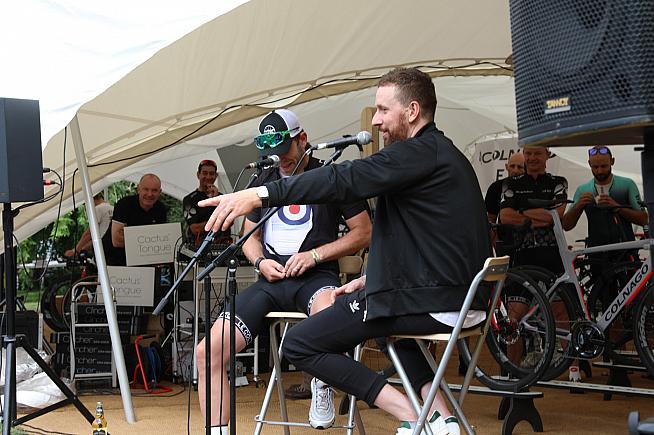 Sir Bradley chatting to Le Col founder Yanto Barker. Photo: Ian Gray