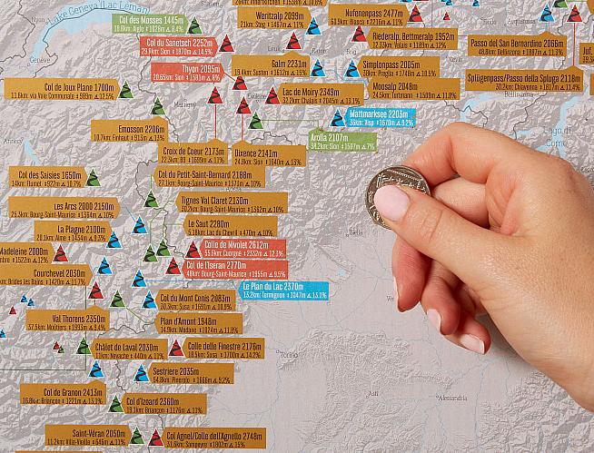 This scratch off map of Alpine climbs is an ideal gift for mountain-loving cyclists.