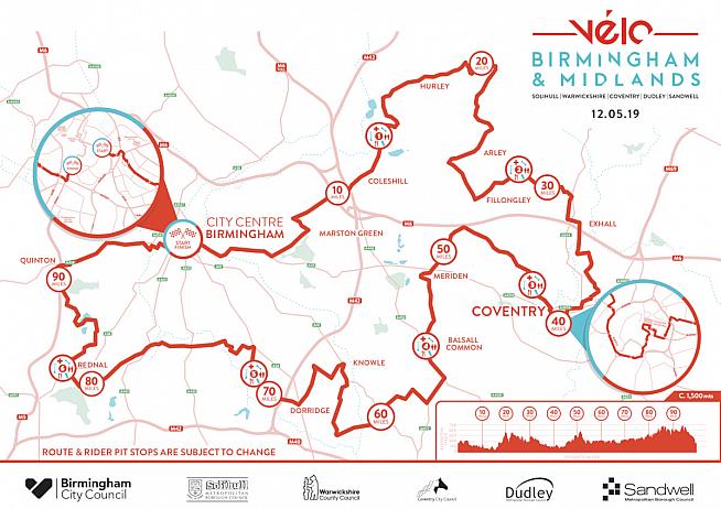 Route map for Velo Birmingham & Midlands 2019.