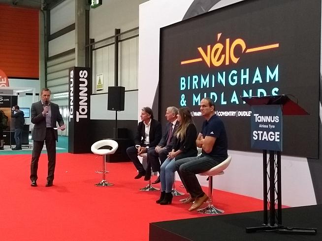 Lord (Seb) Coe and Martin Johnson perch on stools at the launch of Velo Birmingham and Midlands