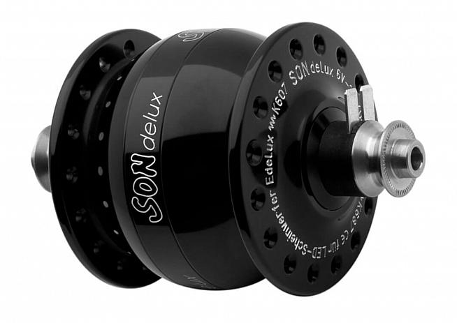 The SONdelux hub weighs 390g and generates power for front and rear lights while cycling.