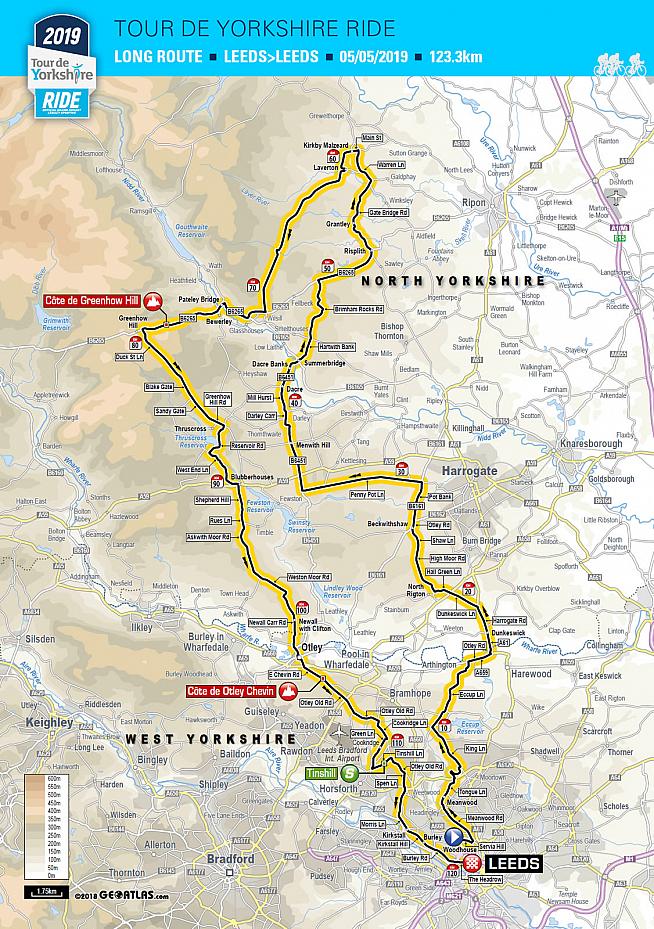 Route map for the 2019 Tour de Yorkshire Ride. Two shorter routes are also on offer.