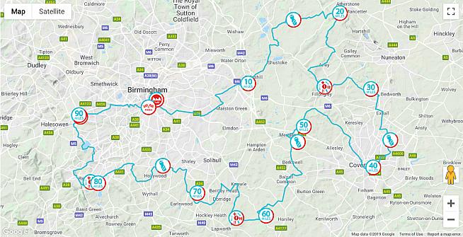 The 100 mile route for this year's Velo Birmingam & Midlands sportive.