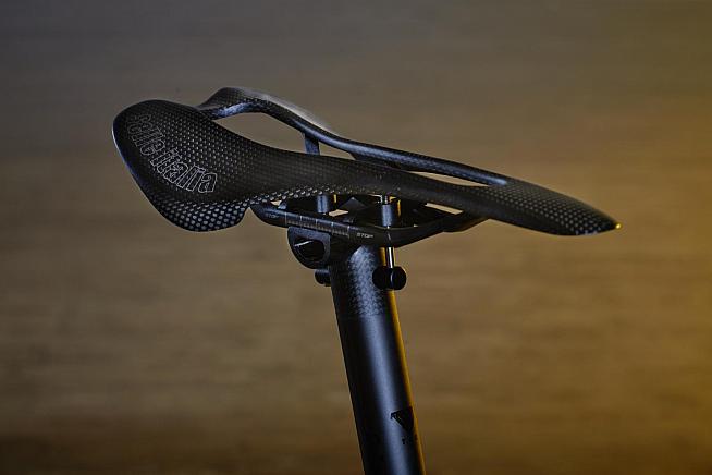 Not much padding on the 61g Selle Italia saddle but it combines with a 120g Schmolke seatpost to offer a lightweight perch.