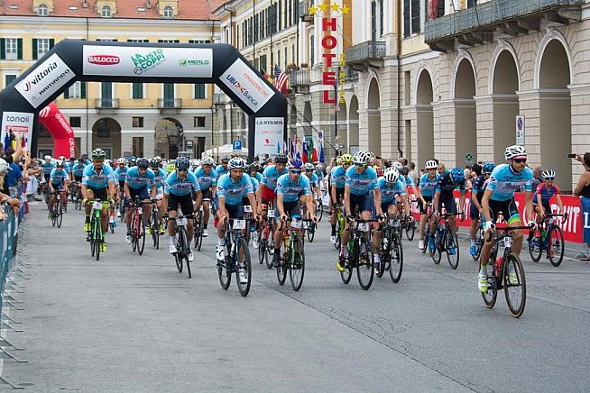 Riders set off from Cuneo on the Fausto Coppi sportive. Photo: Laura Atzeni